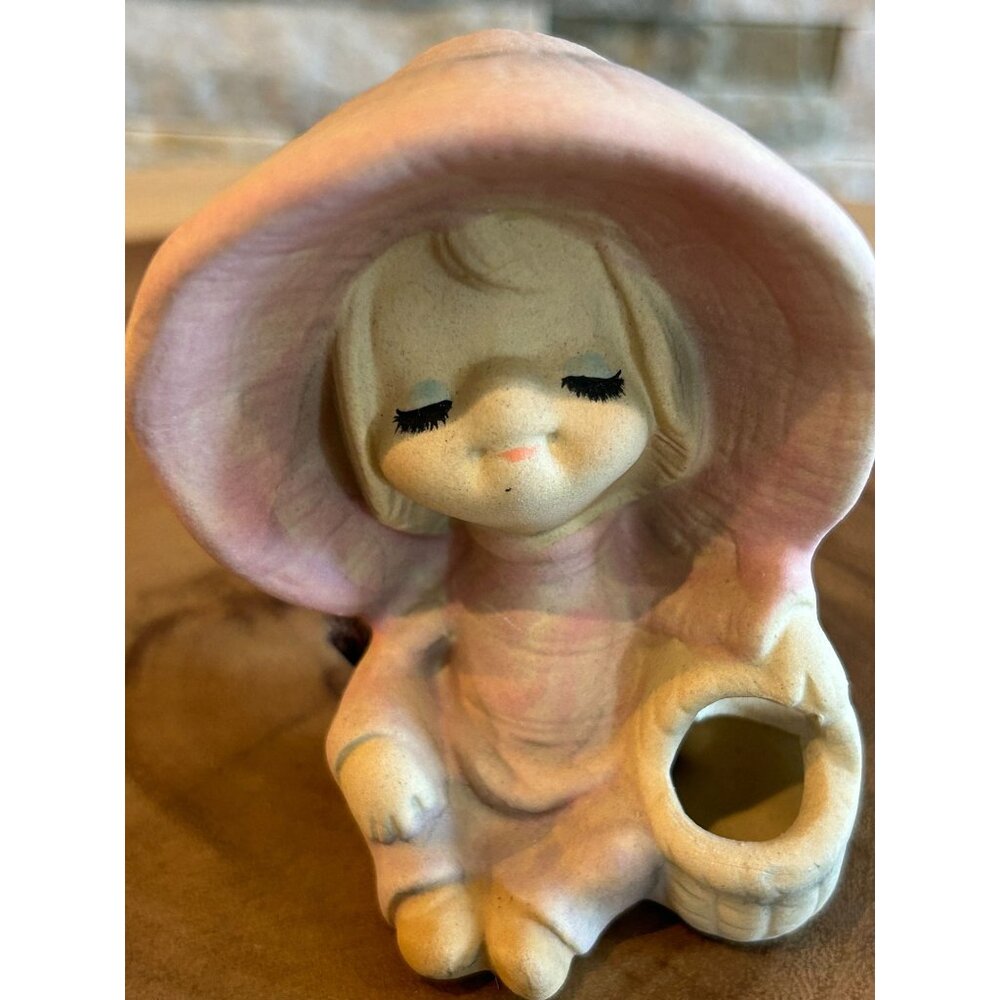 Vintage UCTCI Stoneware  Japan Sleeping Girl Figurine With Bonnet & Basket Paste
